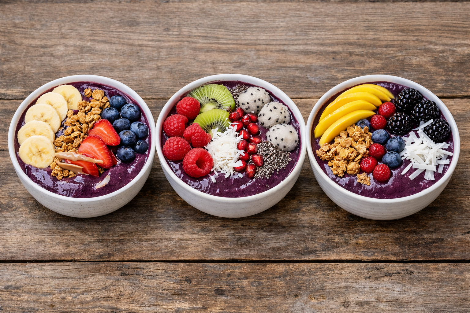 Dreierlei frische Acai Bowls mit verschiedenen Toppings